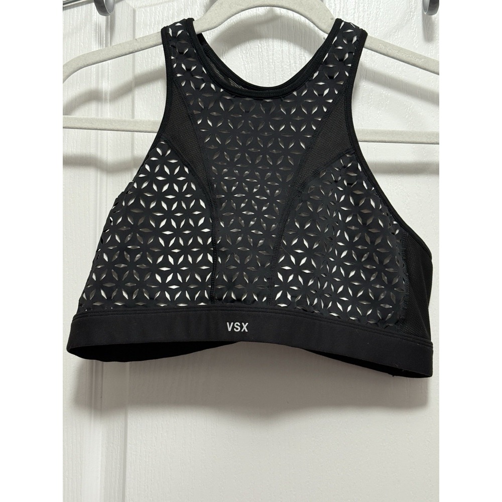 Victorias Secret VSX Sports Bra Womens L Black Laser Cut Mesh Activewear Top Gym